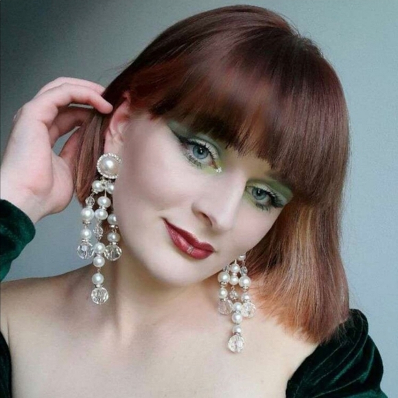 Victorian ✦ Faux Pearl Beaded Drop Earrings ✦ White Crystal Rondels ✦ Long NWT - Picture 2 of 8